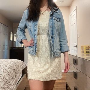 cream lace dress cinched at the waist